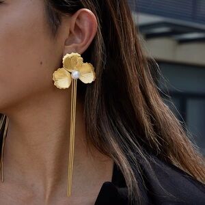 18K Gold Plated Floral Pearl Tassel Drop Earrings